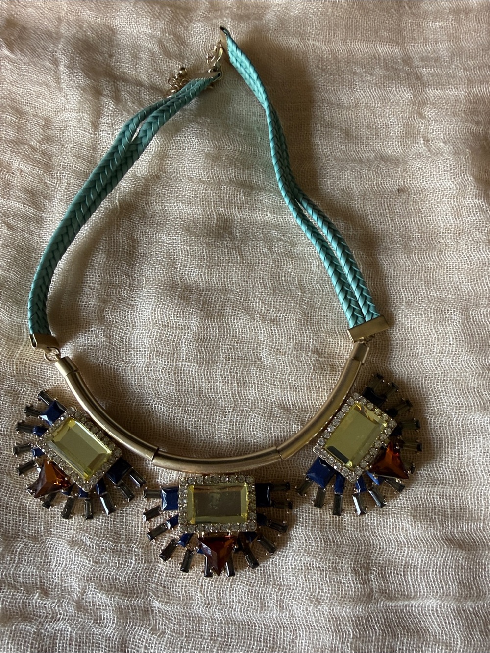 Bansri Malaika Blue Bib Statement Necklace Mint Braided Cord Gold Geometric